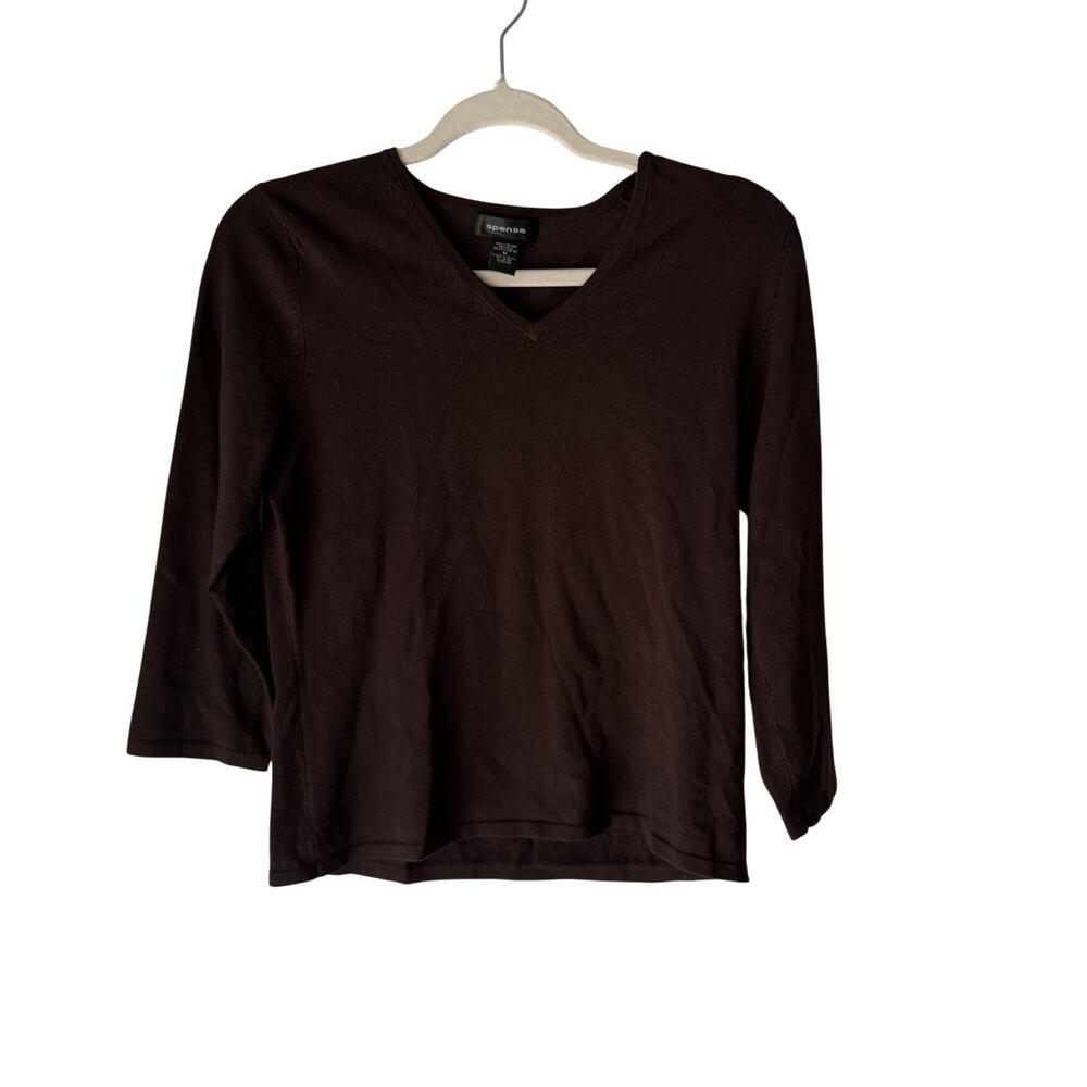 Spense Sweater Y2k Medium Brown‎ V Neck Silk Blend Pullover Long Sleeve Top